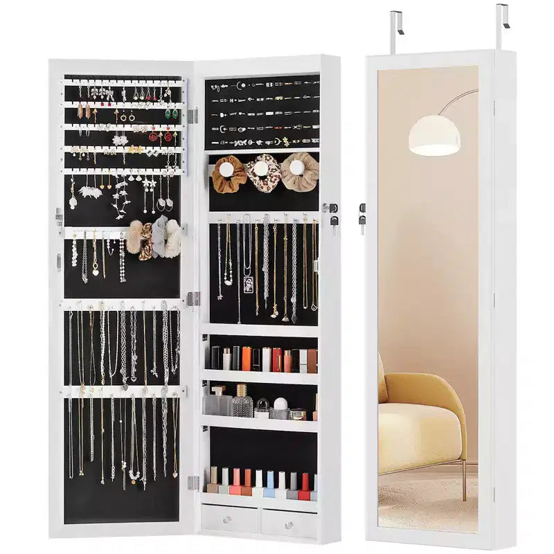 Armoire à bijoux murale avec miroir pleine longueur, 6 lumières LED et serrure, 120 cm