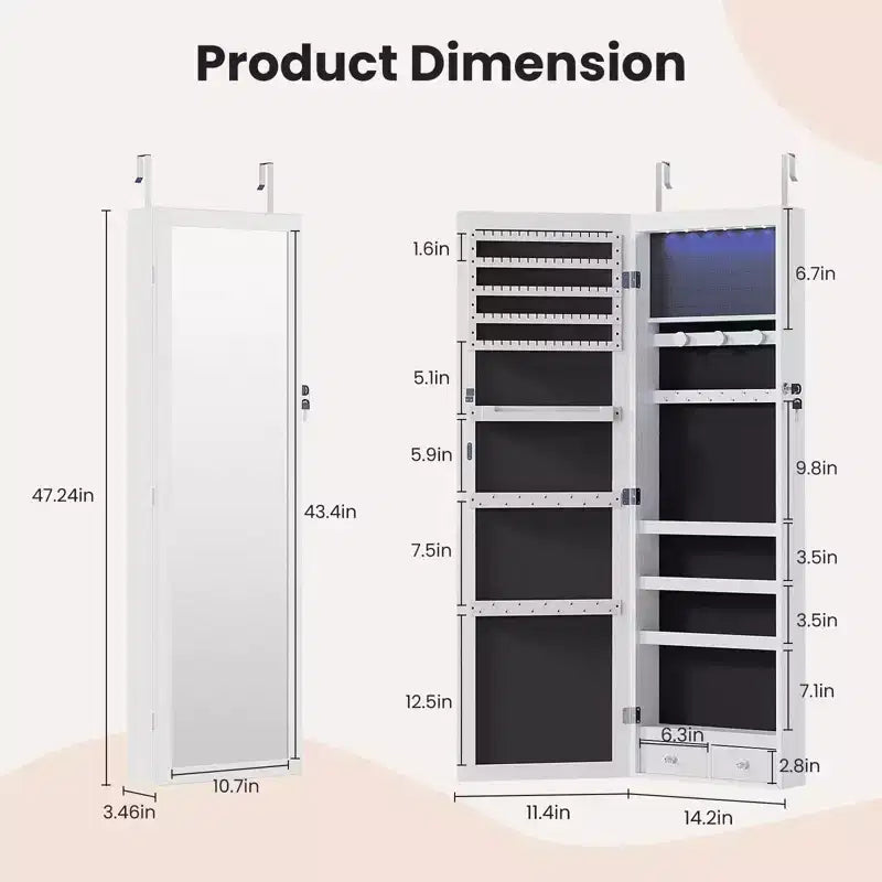 Armoire à bijoux murale avec miroir pleine longueur, 6 lumières LED et serrure, 120 cm