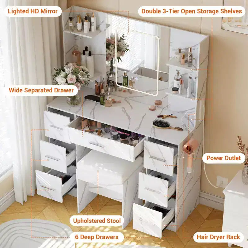 Coiffeuse avec miroir LED, 7 tiroirs, prise de courant et tabouret