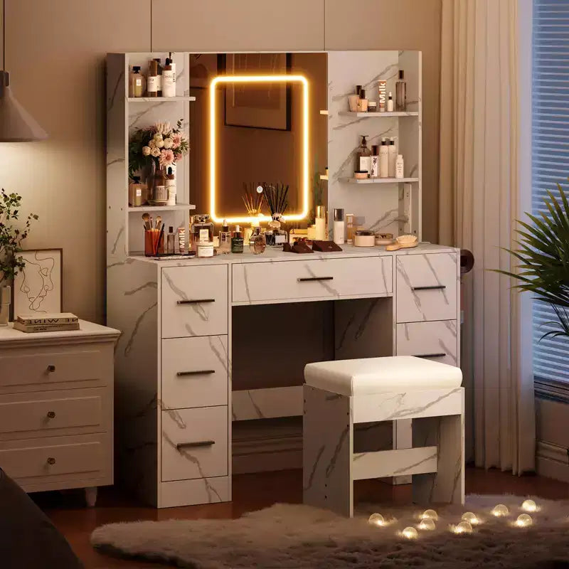 Coiffeuse avec miroir LED, 7 tiroirs, prise de courant et tabouret