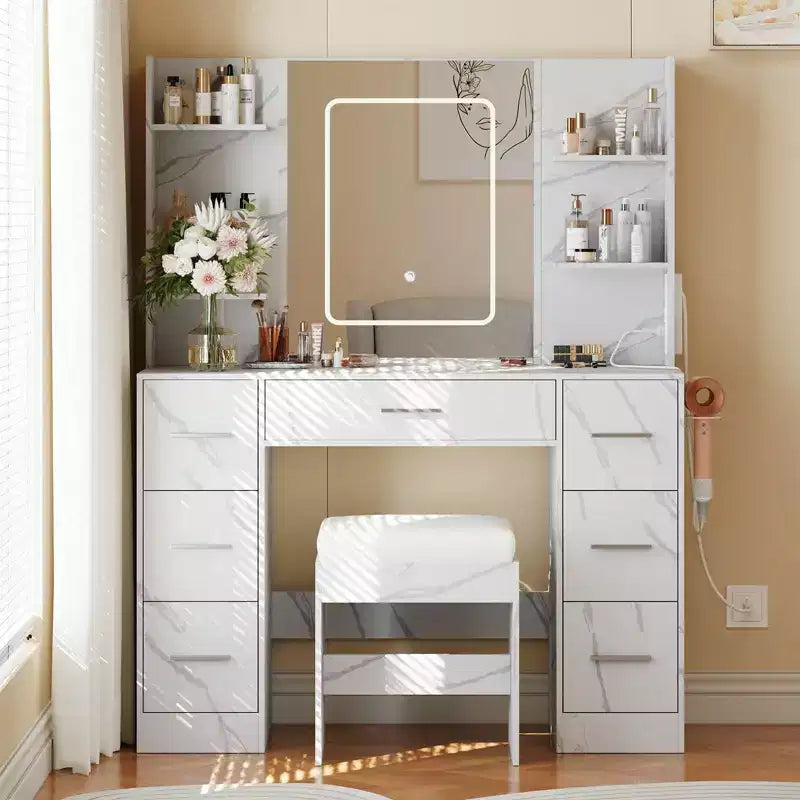 Coiffeuse avec miroir LED, 7 tiroirs, prise de courant et tabouret