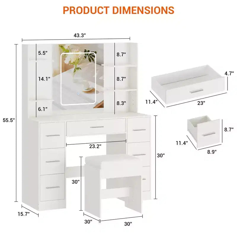Coiffeuse avec miroir LED, 7 tiroirs, prise de courant et tabouret