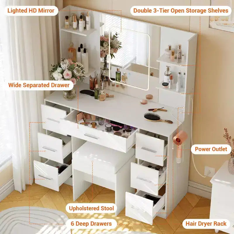 Coiffeuse avec miroir LED, 7 tiroirs, prise de courant et tabouret