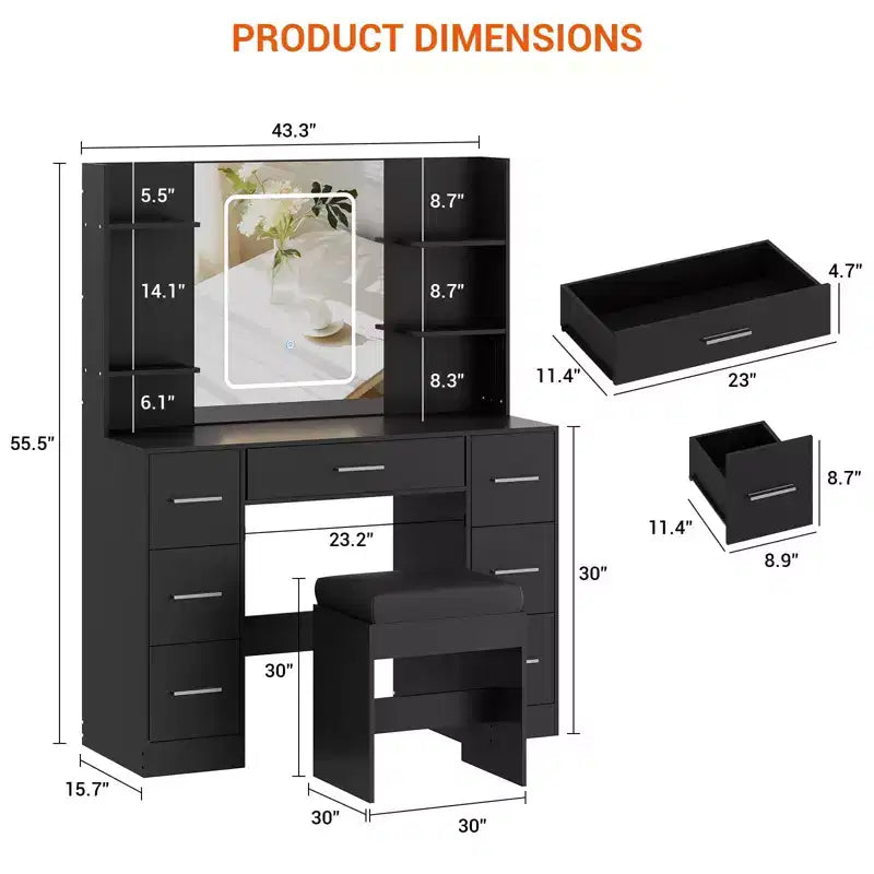 Coiffeuse avec miroir LED, 7 tiroirs, prise de courant et tabouret