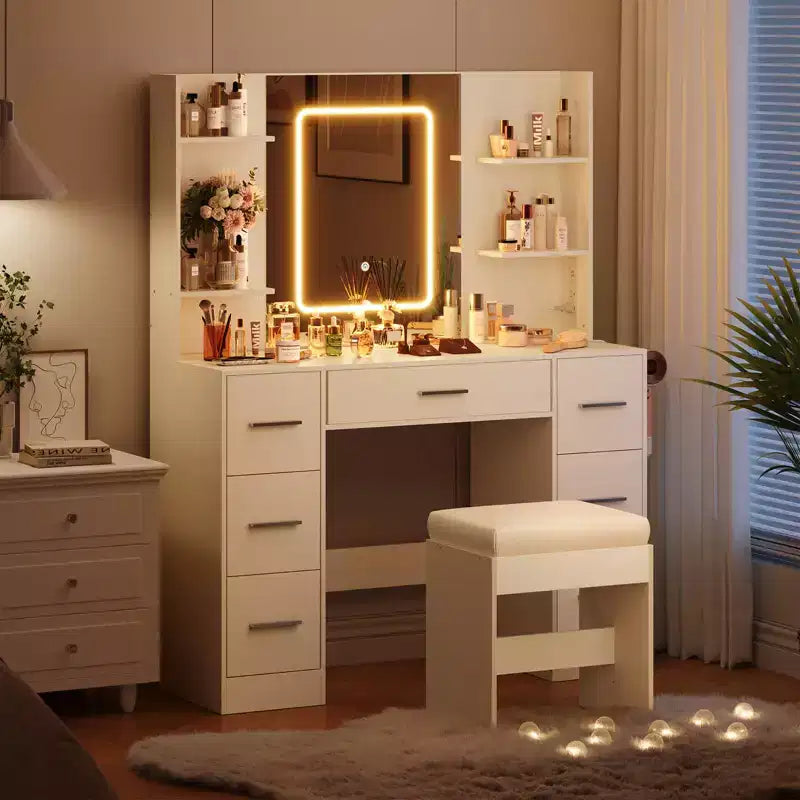 Coiffeuse avec miroir LED, 7 tiroirs, prise de courant et tabouret