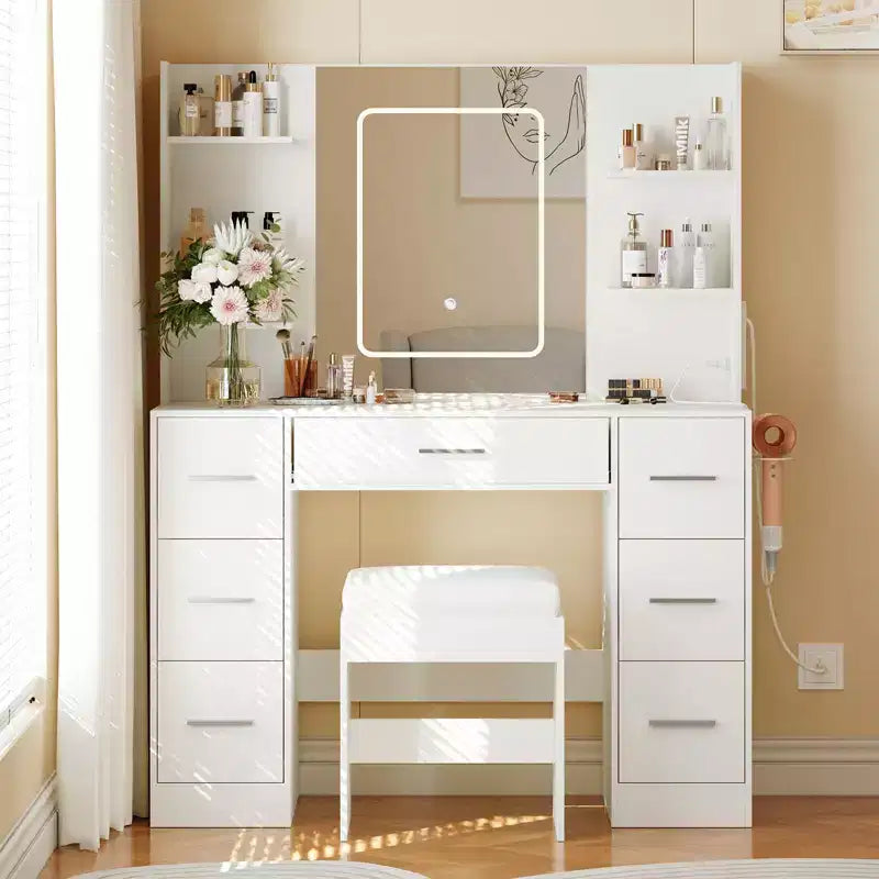Coiffeuse avec miroir LED, 7 tiroirs, prise de courant et tabouret