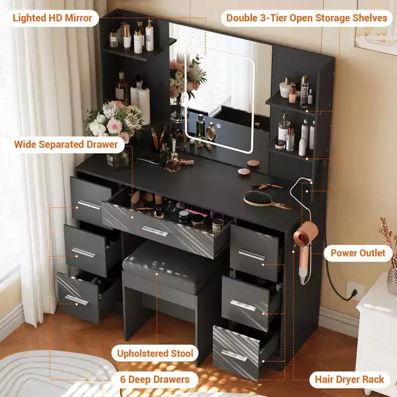 Coiffeuse avec miroir LED, 7 tiroirs, prise de courant et tabouret
