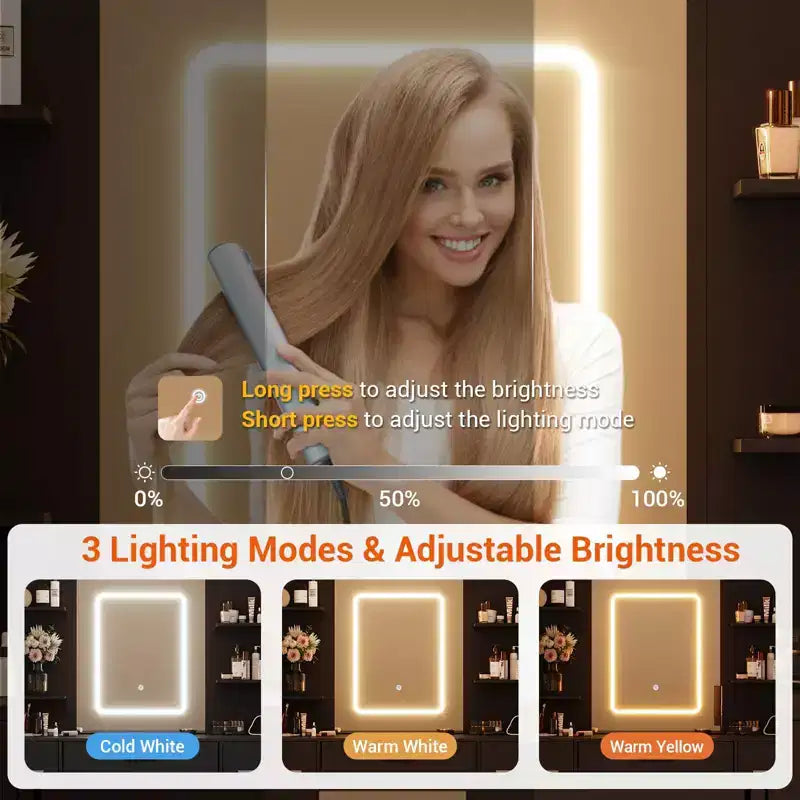 Coiffeuse avec miroir LED, 7 tiroirs, prise de courant et tabouret