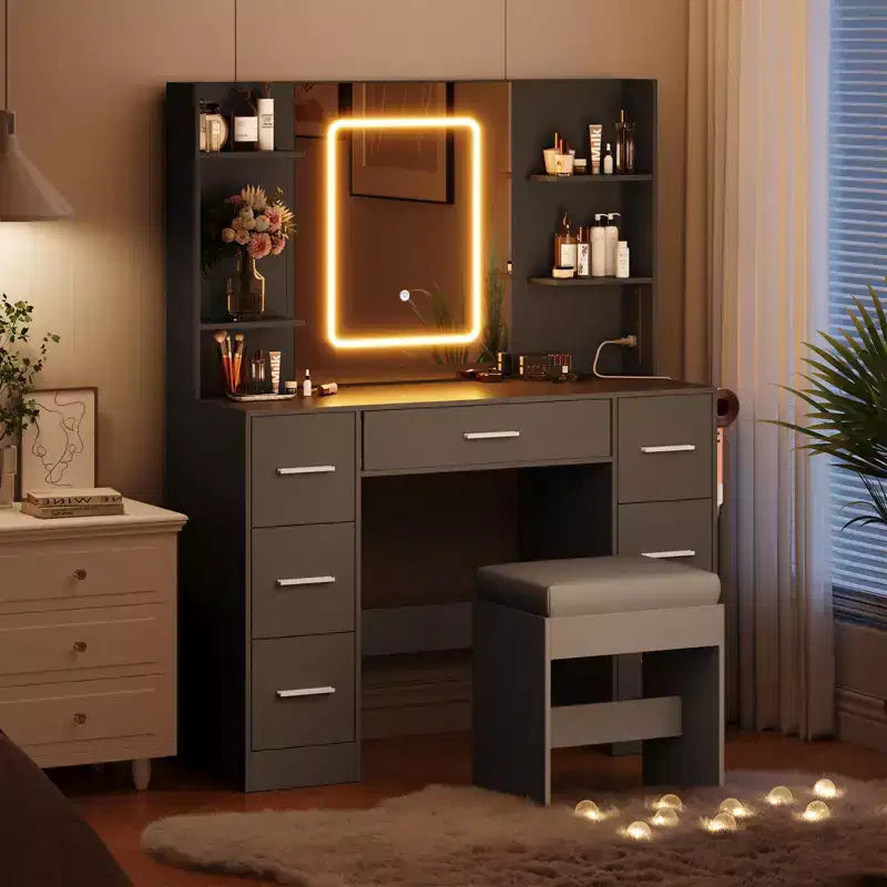 Coiffeuse avec miroir LED, 7 tiroirs, prise de courant et tabouret