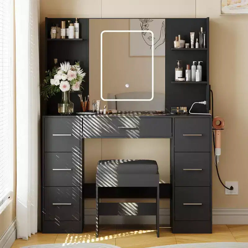 Coiffeuse avec miroir LED, 7 tiroirs, prise de courant et tabouret