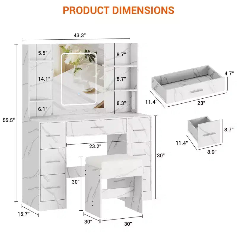 Coiffeuse avec miroir LED, 7 tiroirs, prise de courant et tabouret