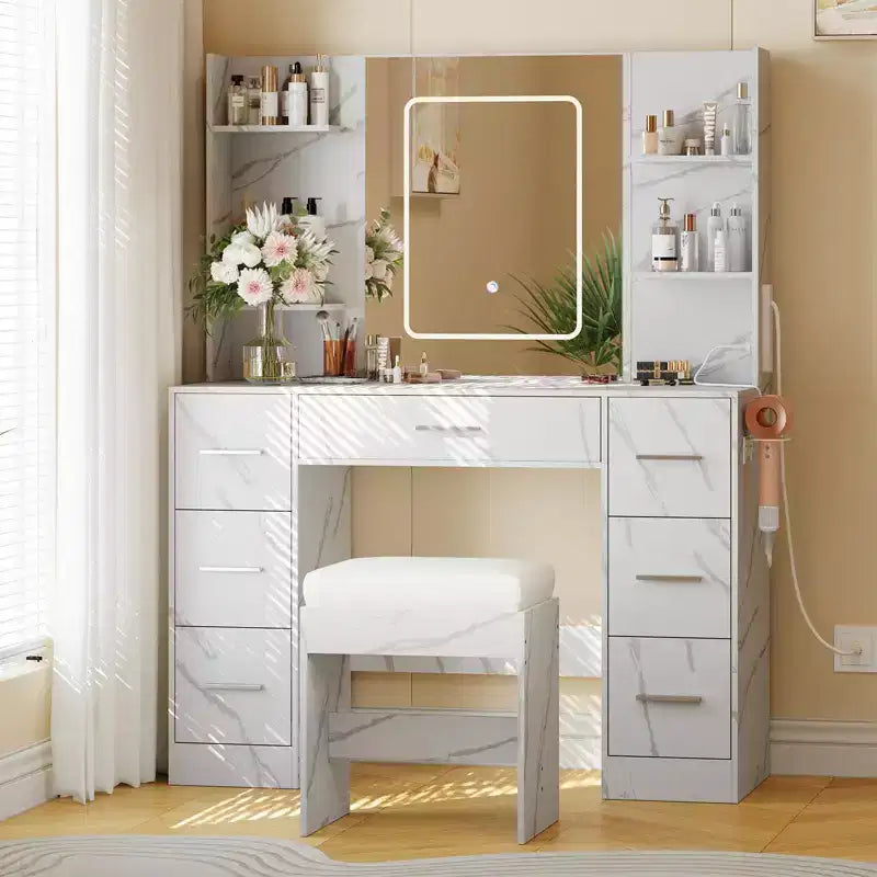 Coiffeuse avec miroir LED, 7 tiroirs, prise de courant et tabouret
