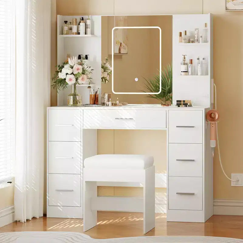 Coiffeuse avec miroir LED, 7 tiroirs, prise de courant et tabouret