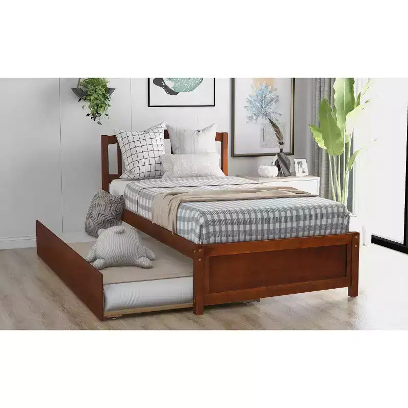 Lit plateforme double en bois avec lit gigogne Espresso