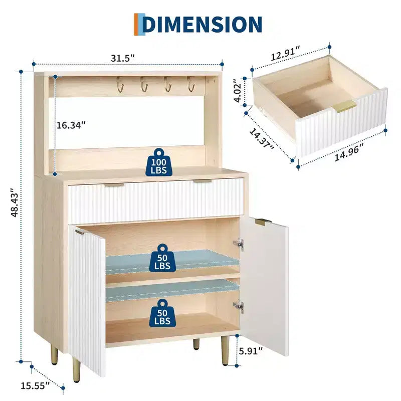 Buffet de Bahut 122 cm, Meuble de Bar à Café Cannelé avec 2 Tiroirs et Étagères Réglables, Console en Bois, Meuble de Rangement de Cuisine