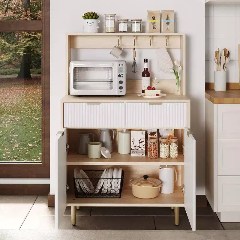 Buffet de Bahut 122 cm, Meuble de Bar à Café Cannelé avec 2 Tiroirs et Étagères Réglables, Console en Bois, Meuble de Rangement de Cuisine