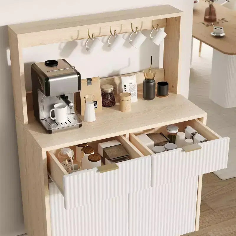 Buffet de Bahut 122 cm, Meuble de Bar à Café Cannelé avec 2 Tiroirs et Étagères Réglables, Console en Bois, Meuble de Rangement de Cuisine