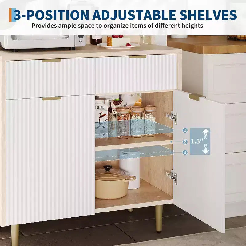 Buffet de Bahut 122 cm, Meuble de Bar à Café Cannelé avec 2 Tiroirs et Étagères Réglables, Console en Bois, Meuble de Rangement de Cuisine
