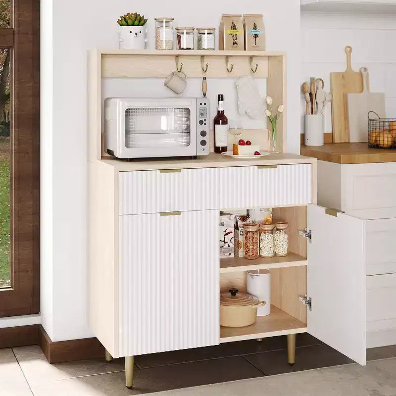 Buffet de Bahut 122 cm, Meuble de Bar à Café Cannelé avec 2 Tiroirs et Étagères Réglables, Console en Bois, Meuble de Rangement de Cuisine