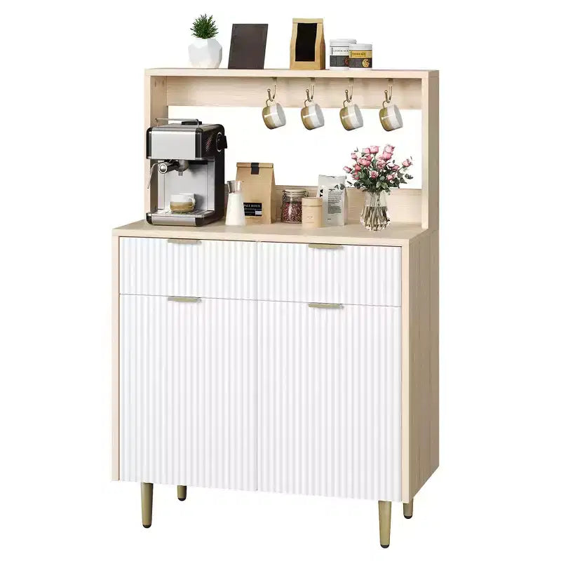 Buffet de Bahut 122 cm, Meuble de Bar à Café Cannelé avec 2 Tiroirs et Étagères Réglables, Console en Bois, Meuble de Rangement de Cuisine