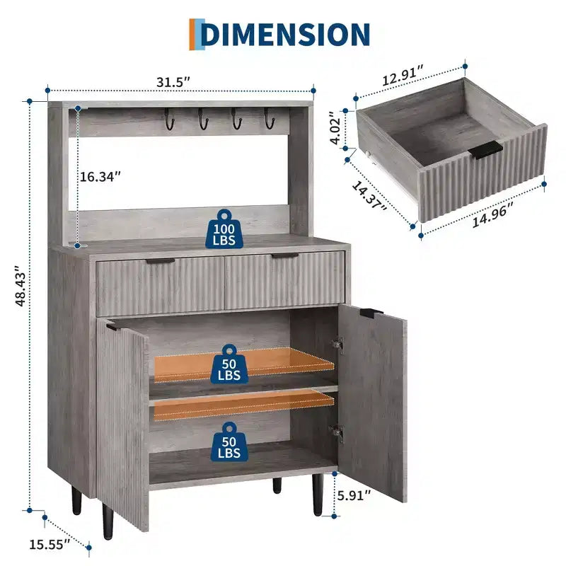 Buffet de Bahut 122 cm, Meuble de Bar à Café Cannelé avec 2 Tiroirs et Étagères Réglables, Console en Bois, Meuble de Rangement de Cuisine
