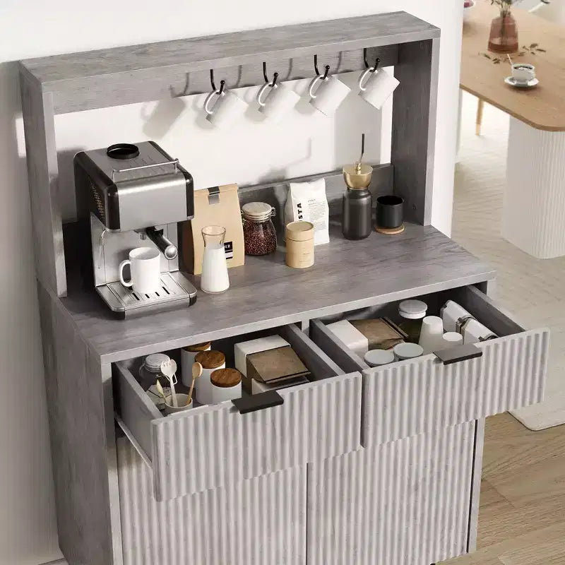 Buffet de Bahut 122 cm, Meuble de Bar à Café Cannelé avec 2 Tiroirs et Étagères Réglables, Console en Bois, Meuble de Rangement de Cuisine
