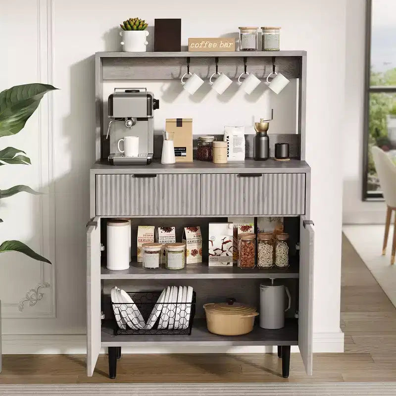 Buffet de Bahut 122 cm, Meuble de Bar à Café Cannelé avec 2 Tiroirs et Étagères Réglables, Console en Bois, Meuble de Rangement de Cuisine