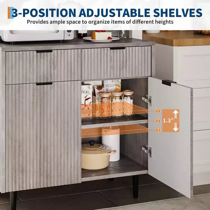 Buffet de Bahut 122 cm, Meuble de Bar à Café Cannelé avec 2 Tiroirs et Étagères Réglables, Console en Bois, Meuble de Rangement de Cuisine