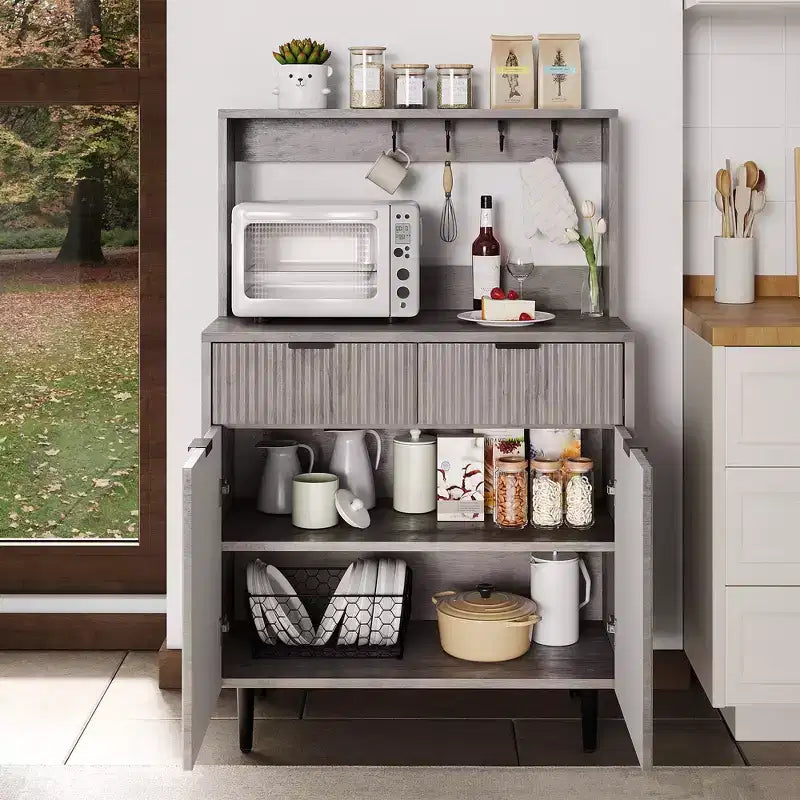 Buffet de Bahut 122 cm, Meuble de Bar à Café Cannelé avec 2 Tiroirs et Étagères Réglables, Console en Bois, Meuble de Rangement de Cuisine