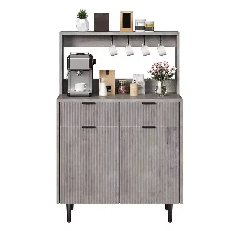 Buffet de Bahut 122 cm, Meuble de Bar à Café Cannelé avec 2 Tiroirs et Étagères Réglables, Console en Bois, Meuble de Rangement de Cuisine