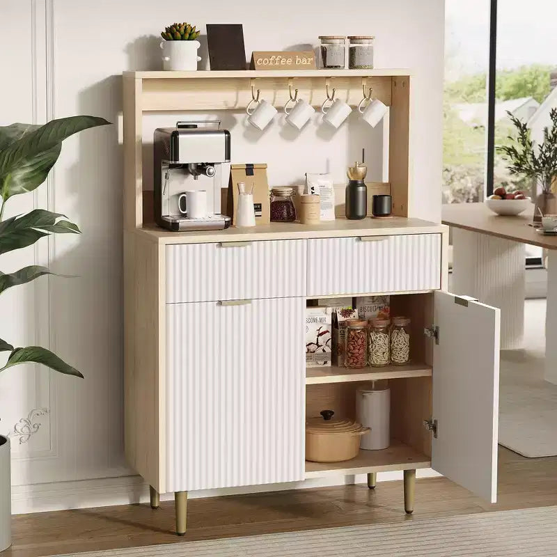 Buffet de Bahut 122 cm, Meuble de Bar à Café Cannelé avec 2 Tiroirs et Étagères Réglables, Console en Bois, Meuble de Rangement de Cuisine