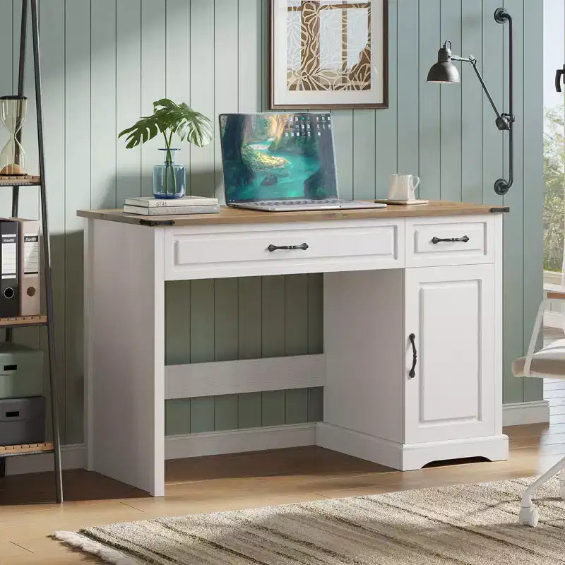 Bureau de direction Farmhouse 47, bureau rustique pour la maison avec tiroirs et armoire de rangement, bureaux d'ordinateur en bois, poste de travail, blanc antique