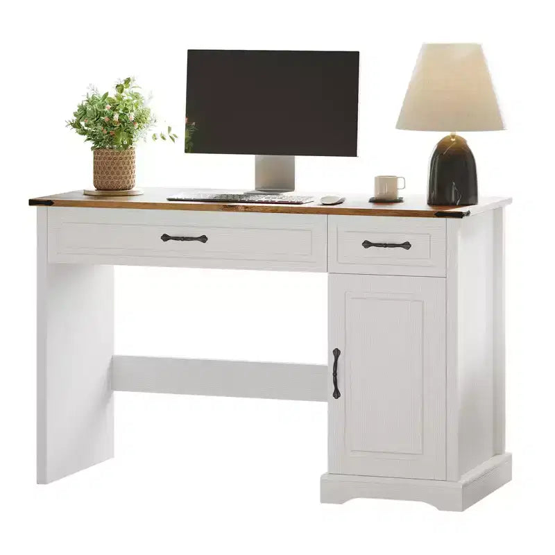 Bureau de direction Farmhouse 47, bureau rustique pour la maison avec tiroirs et armoire de rangement, bureaux d'ordinateur en bois, poste de travail, blanc antique
