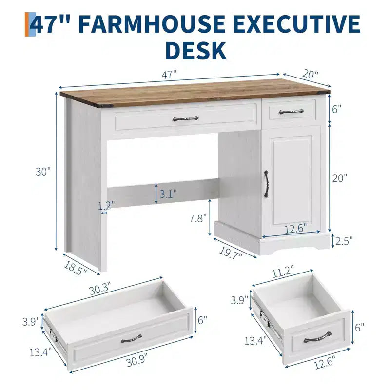 Bureau de direction Farmhouse 47, bureau rustique pour la maison avec tiroirs et armoire de rangement, bureaux d'ordinateur en bois, poste de travail, blanc antique