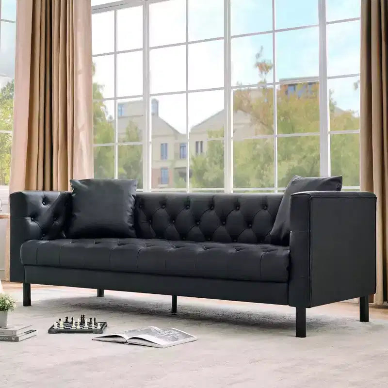 Canapé Chesterfield 3 places en cuir PU de 78", fait main, capitonné avec boutonnage, assise profonde et 2 oreillers, accoudoirs roulés, pour salon, appartement
