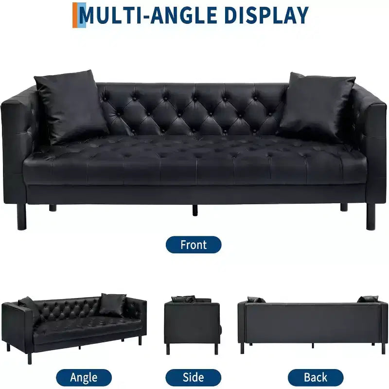 Canapé Chesterfield 3 places en cuir PU de 78", fait main, capitonné avec boutonnage, assise profonde et 2 oreillers, accoudoirs roulés, pour salon, appartement