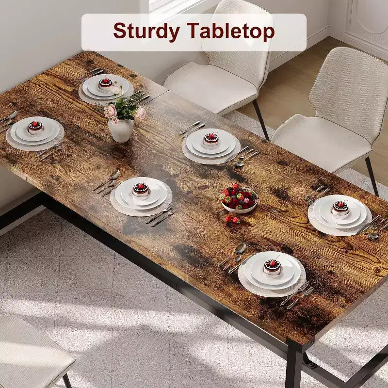 Table à manger rectangulaire de 180 cm pour 8 personnes, grande table de cuisine industrielle en bois avec cadre métallique durable, parfaite pour les grandes familles