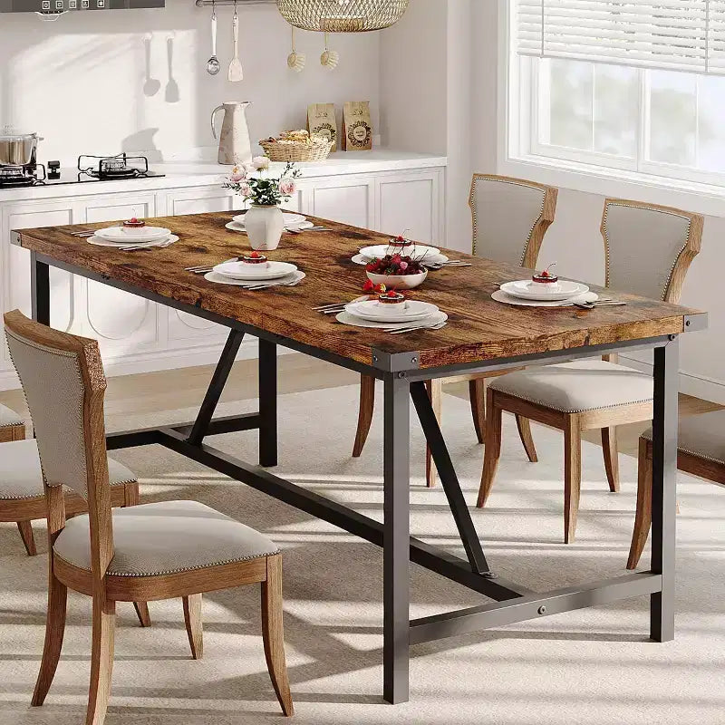 Table à manger rectangulaire de 180 cm pour 8 personnes, grande table de cuisine industrielle en bois avec cadre métallique durable, parfaite pour les grandes familles