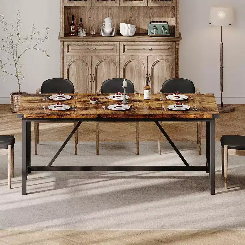 Table à manger rectangulaire de 180 cm pour 8 personnes, grande table de cuisine industrielle en bois avec cadre métallique durable, parfaite pour les grandes familles