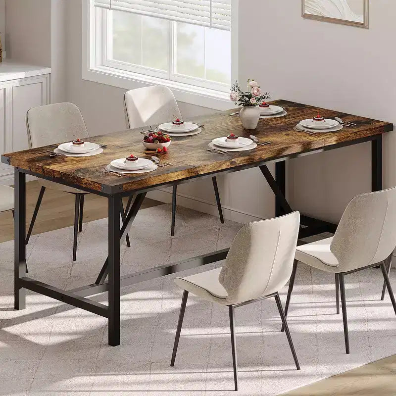 Table à manger rectangulaire de 180 cm pour 8 personnes, grande table de cuisine industrielle en bois avec cadre métallique durable, parfaite pour les grandes familles