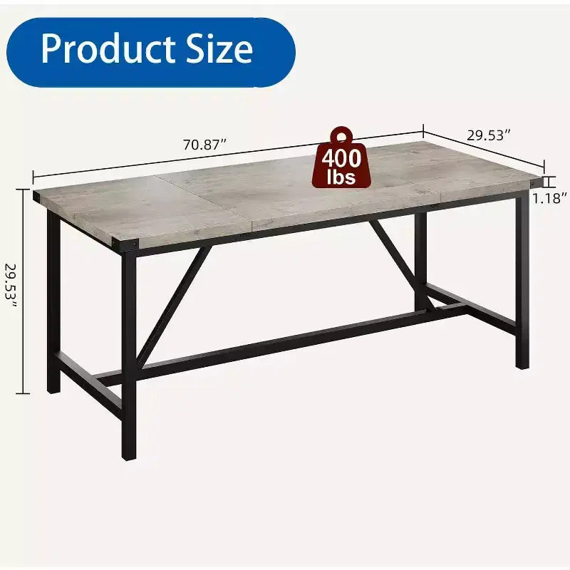 Table à manger rectangulaire de 180 cm pour 8 personnes, grande table de cuisine industrielle en bois avec cadre métallique durable, parfaite pour les grandes familles