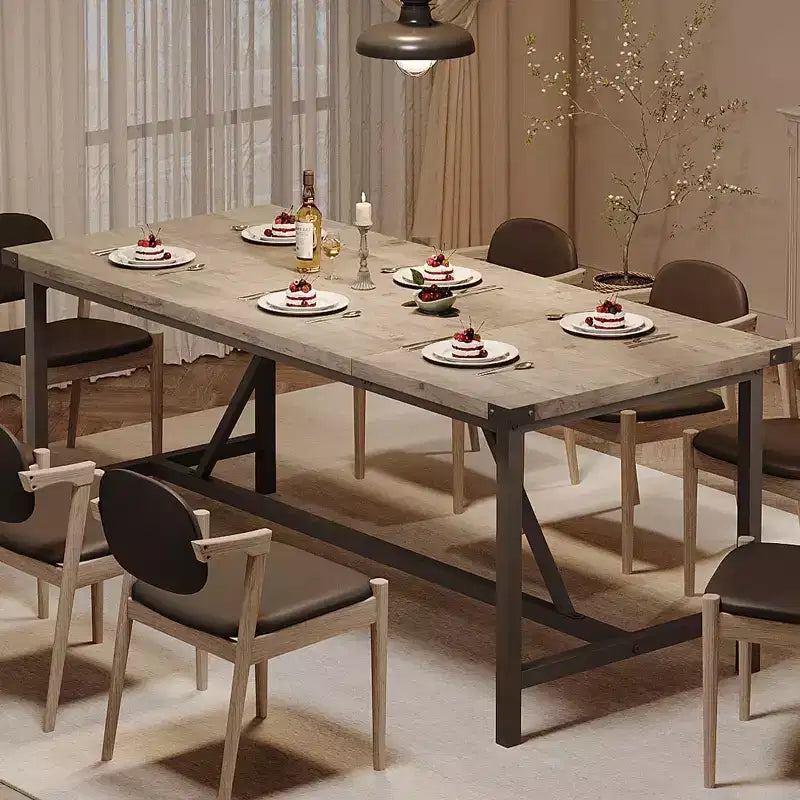 Table à manger rectangulaire de 180 cm pour 8 personnes, grande table de cuisine industrielle en bois avec cadre métallique durable, parfaite pour les grandes familles