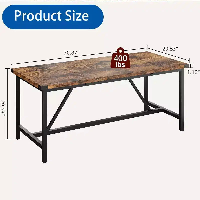 Table à manger rectangulaire de 180 cm pour 8 personnes, grande table de cuisine industrielle en bois avec cadre métallique durable, parfaite pour les grandes familles