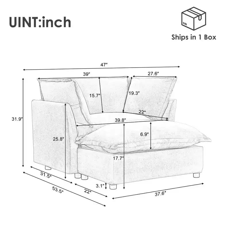 Fauteuil en tissu chenille avec pouf mobile, assise large et accoudoirs incurvés