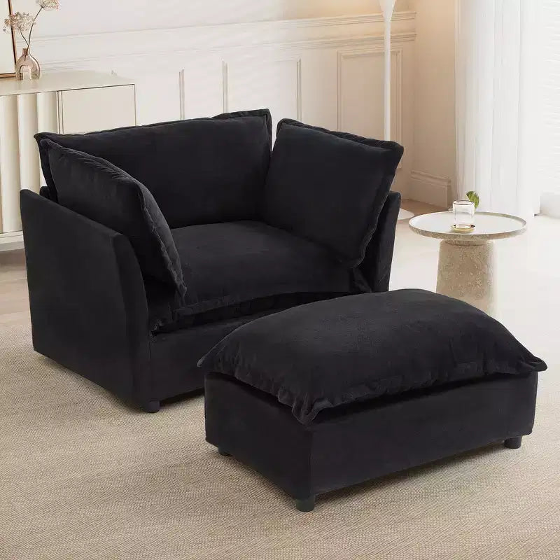 Fauteuil en tissu chenille avec pouf mobile, assise large et accoudoirs incurvés