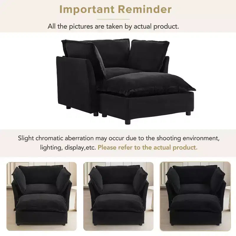 Fauteuil en tissu chenille avec pouf mobile, assise large et accoudoirs incurvés