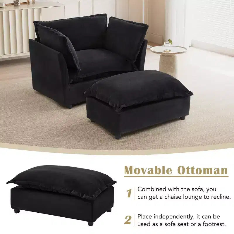Fauteuil en tissu chenille avec pouf mobile, assise large et accoudoirs incurvés