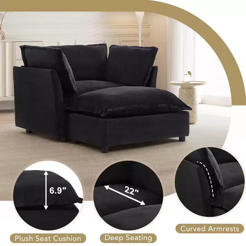 Fauteuil en tissu chenille avec pouf mobile, assise large et accoudoirs incurvés