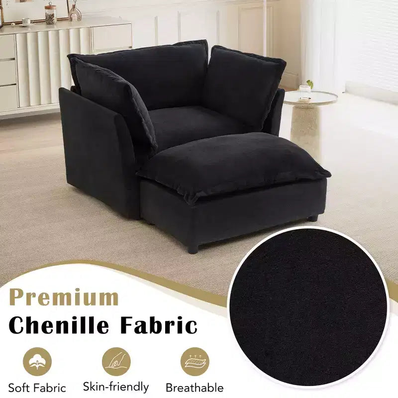 Fauteuil en tissu chenille avec pouf mobile, assise large et accoudoirs incurvés