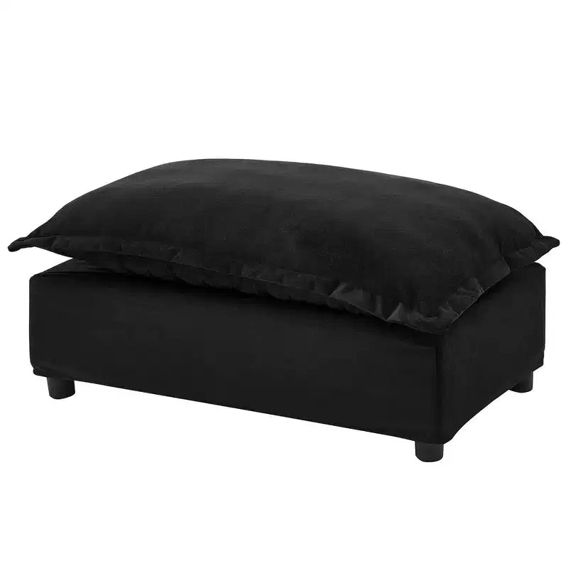 Fauteuil en tissu chenille avec pouf mobile, assise large et accoudoirs incurvés